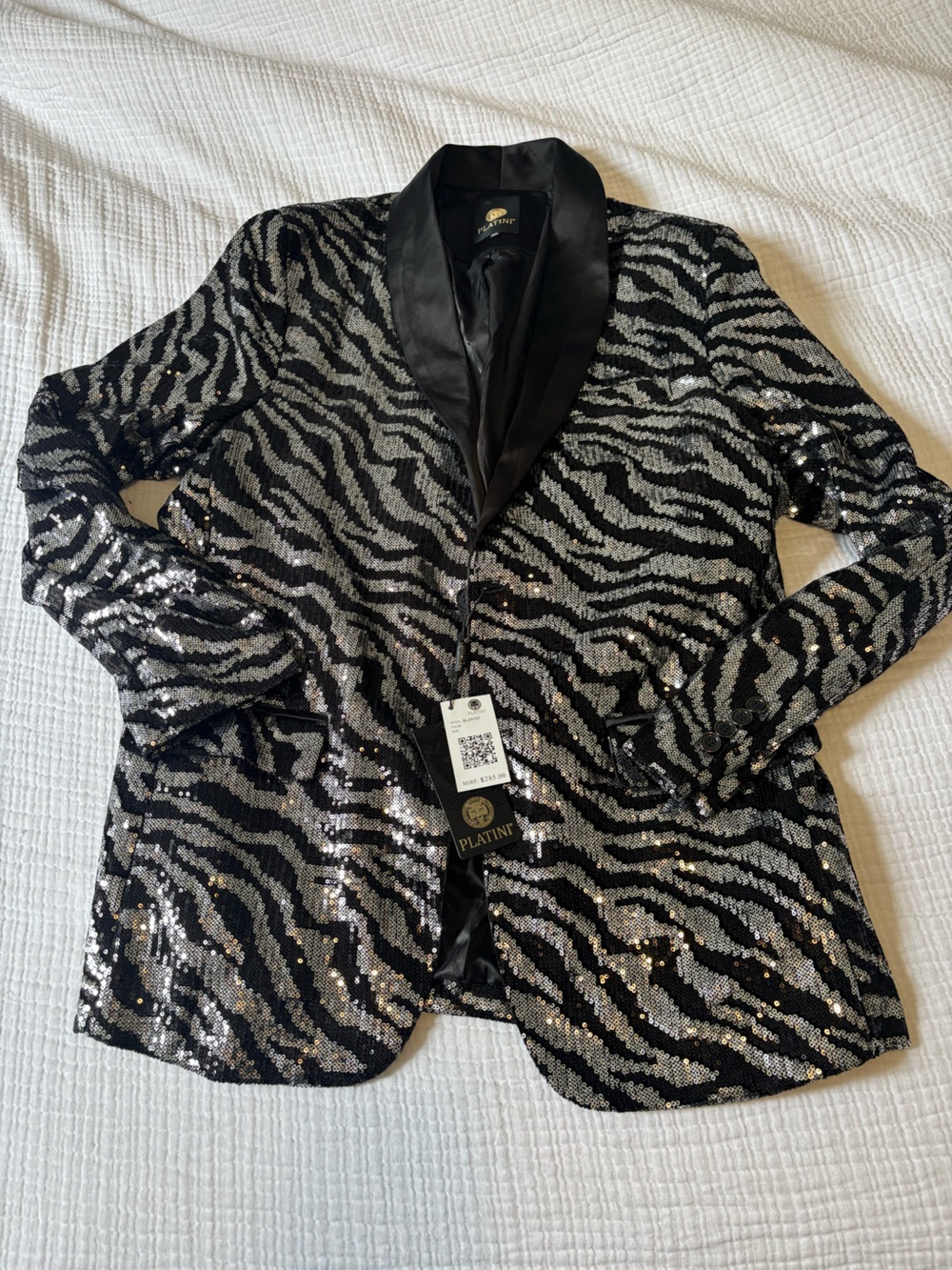 Sequin Zebra-Pattern Blazer Jacket in Black & Silver